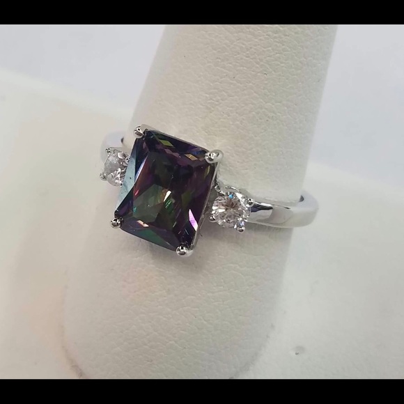 SS 3.5 CT Triple Rectangular Rainbow Topaz CZ Ring - Picture 3 of 4